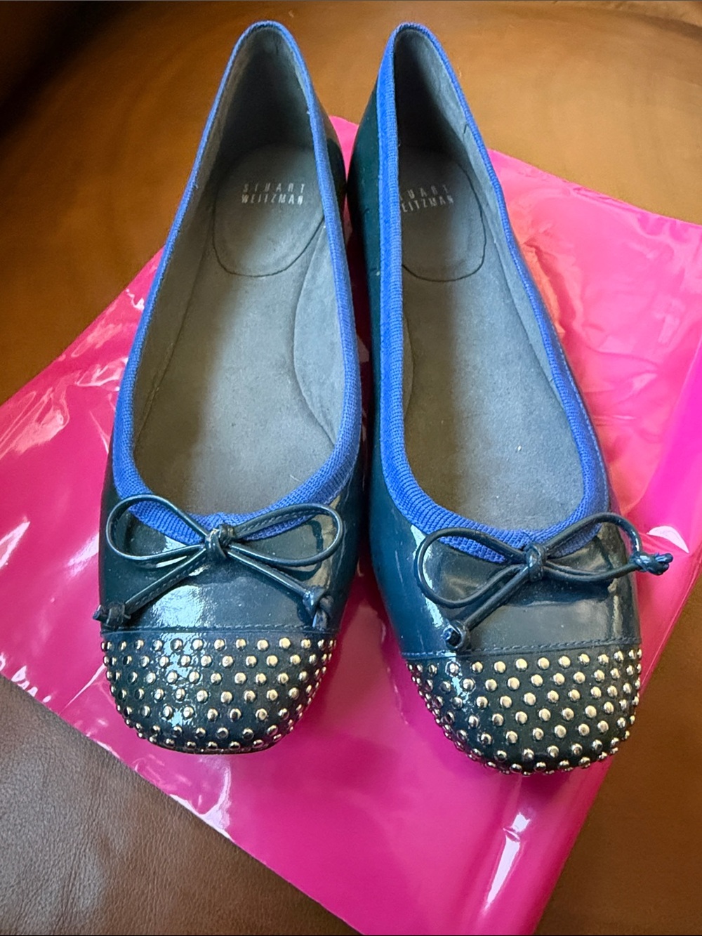 Stuart Weitzman Navy Patent Studded Bow Flats